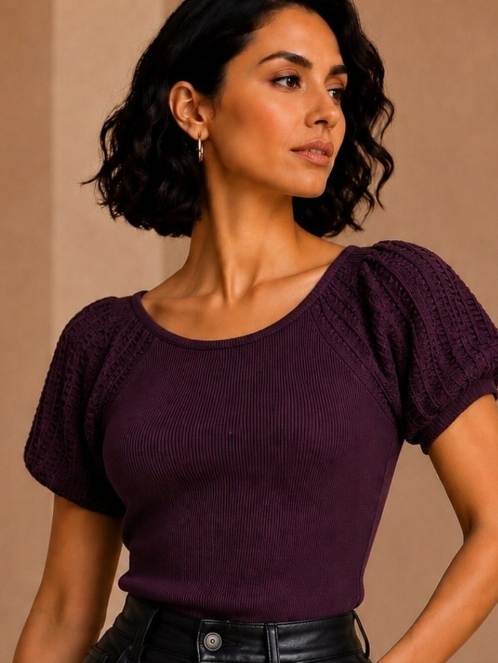 Women's Short Sleeve Ribbed Knit Top — Plum